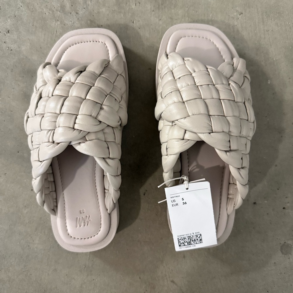 H&M Greige Braided Leather Slides NWT